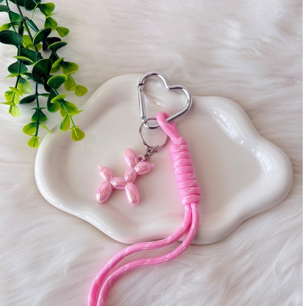 Bubble Gum Pink Iridescent Balloon Dog Keychain/ Bag Charm with Braided Lanyard